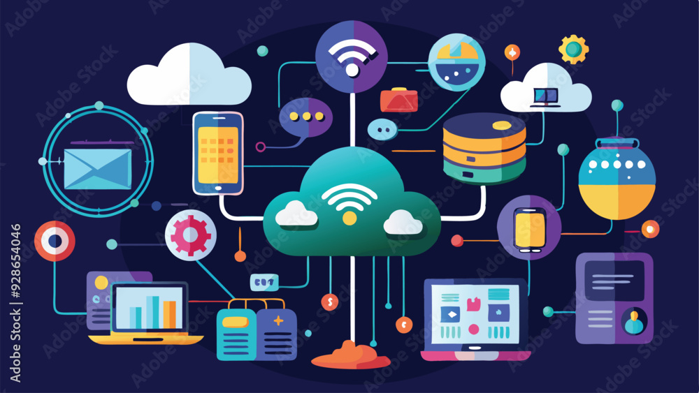 Poster a vector illustration of a futuristic technology concept showing interconnected devices, cloud compu