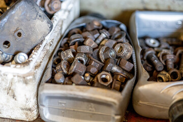 Closeup photo shoot of different nesessary tools and parts in every man's garage.Auto check up and car service shop concept.Different type of tools, especially wrenches.