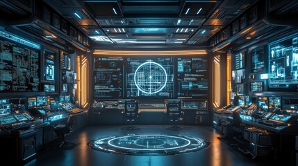 Futuristic empty control room displaying advanced technology