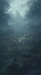 Mystic anime-style Enchantment with a Hazy Fog Veiling a Rough Terrain: A Deep and Melancholic Atmosphere for Mood-Setting Illustrations,Anime-Style,illustration,Picture BooksFor Poster,Novel,UI,WEB,G