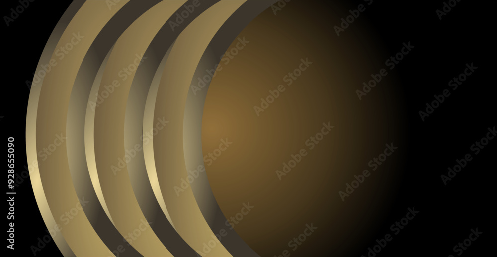 Poster composition of empty space, curved lines and geometric abstract fields with gradations of gold, brow
