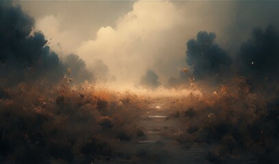 Fototapeta premium Mystic anime-style Enchantment with a Hazy Fog Veiling a Rough Terrain: A Deep and Melancholic Atmosphere for Mood-Setting Illustrations,Anime-Style,illustration,Picture BooksFor Poster,Novel,UI,WEB,G