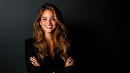 Naklejka premium A confident woman smiles warmly, showcasing her professional style against a dark background, radiating positivity and charisma.