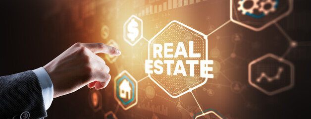 Real estate investment. Businessman pressing on virtual screens