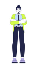 Satisfied employee caucasian man crossed arms 2D cartoon character. Professional proud european guy executive isolated flat vector person white background. Manager success color spot illustration