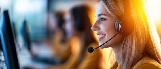 Smiling customer service representative with headset and computer, providing support and solutions in a modern office environment.