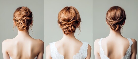 Elegant hairstyle showcase with intricate updos, perfect for weddings and special occasions, highlighting beauty and sophistication.