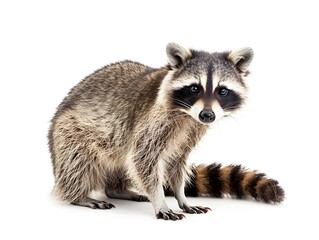 Fototapeta premium Playful Raccoon with Distinctive Mask and Ringed Tail Isolated on White Background