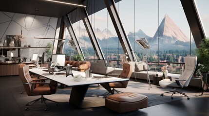 Modern office with panoramic mountain views and minimalist design.