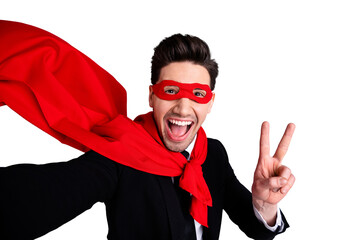 Close up photo adventurous facial expression he him his man flying use superpower make take selfies...