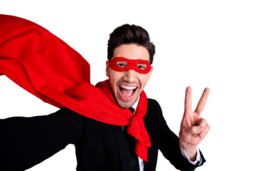 Close up photo adventurous facial expression he him his man flying use superpower make take selfies show v-sign wear red cloak raised wind protection human comics character isolated grey background
