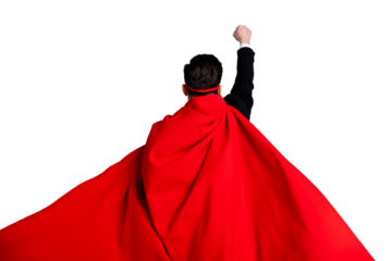 Close up back rear behind view photo hiding facial expression he him his man fist raised up use superpower wear red long cloak raised wind safety protection human race concept isolated grey background