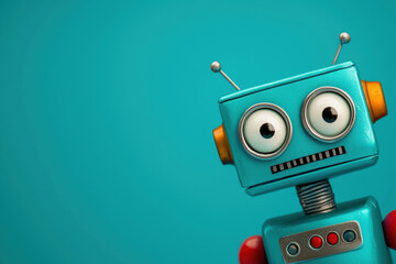 Fototapeta premium Cute vintage toy robot with a quirky expression, blue background. Retro collectible, perfect for kids' room decor.