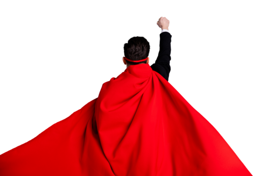 Close up back rear behind view photo hiding facial expression he him his man fist raised up use superpower wear red long cloak raised wind safety protection human race concept isolated grey background - Powered by Adobe