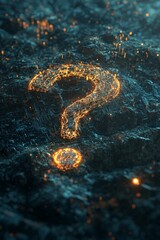 A question mark icon made of glowing wires, suspended in a dark digital landscape, symbolizing technological uncertainty. 