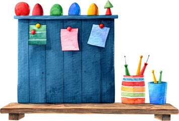 watercolor illustration of back to school supplies on a blue bulletin board with pencil holders and colorful decorations.