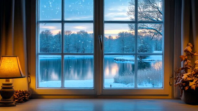 Cozy winter scene viewed from a window overlooking a frozen lake at sunset. Peaceful winter retreat concept. Seamless looping time-lapse video background.