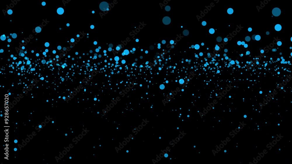 Poster Abstract animation loop blue bokeh particles glow flow up on black background. 4K 3D seamless looping blue bokeh particles dust fly in the air. 