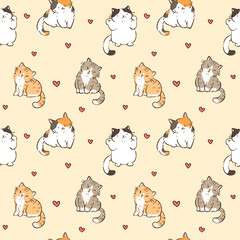 Obraz premium Seamless Pattern of Cute Cartoon Cat and Heart Design on Light Yellow Background