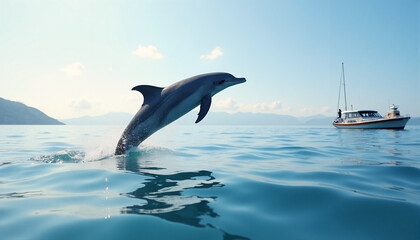 Fototapeta premium A dolphin leaps out of the water, creating a splash