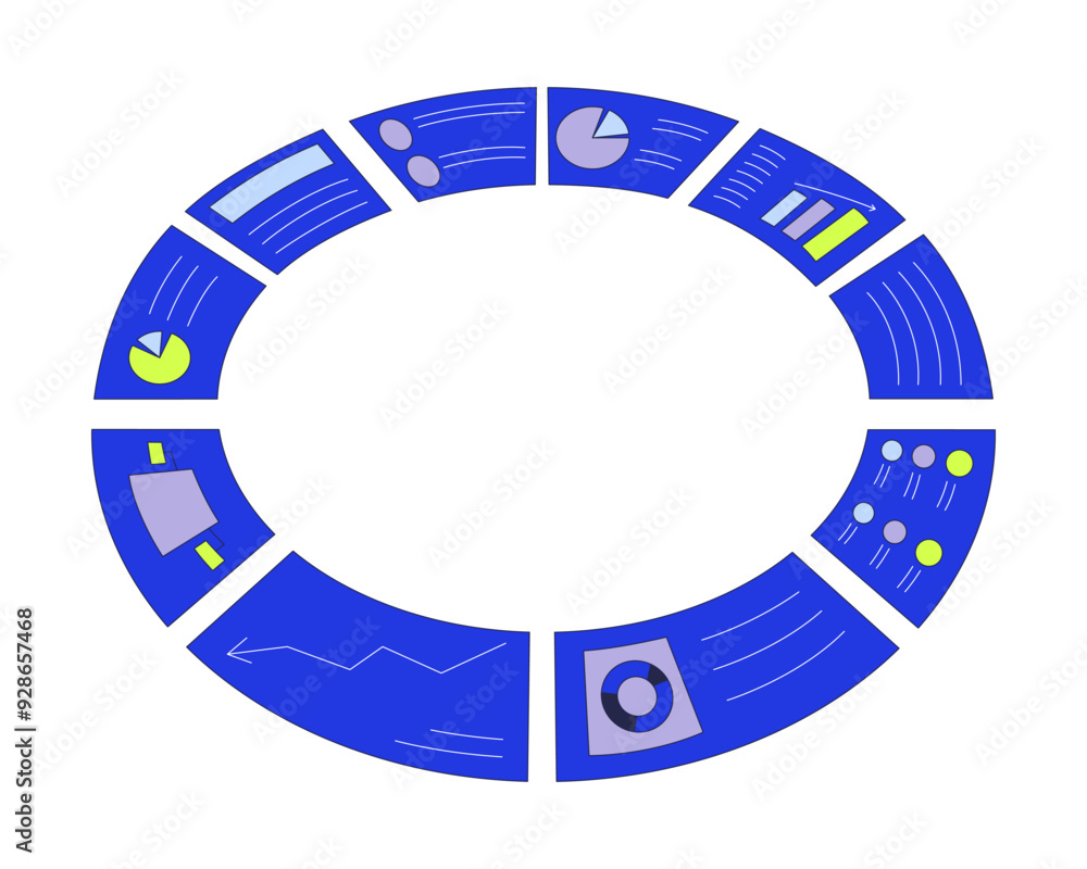 Poster circled analytics reports 2d cartoon object. circular business analysis charts graphs isolated flat 