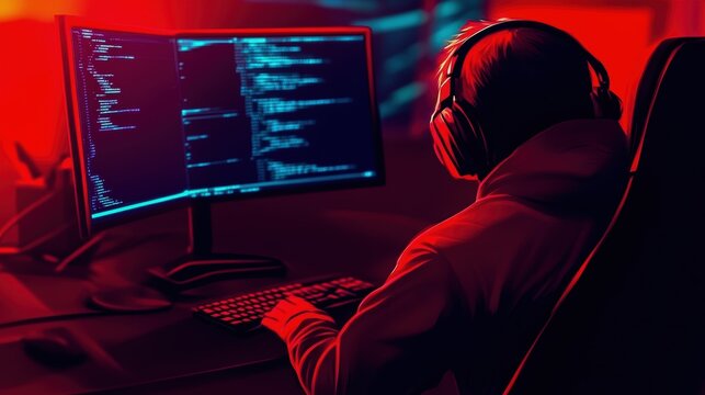 A focused coder in a dark room illuminated by red lights, wearing headphones and typing code on a dual-monitor setup.