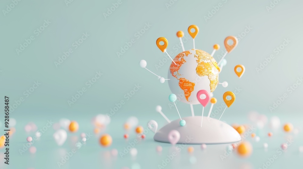 Poster a modern illustration depicting the concept of global knowledge, with digital icons and data points 