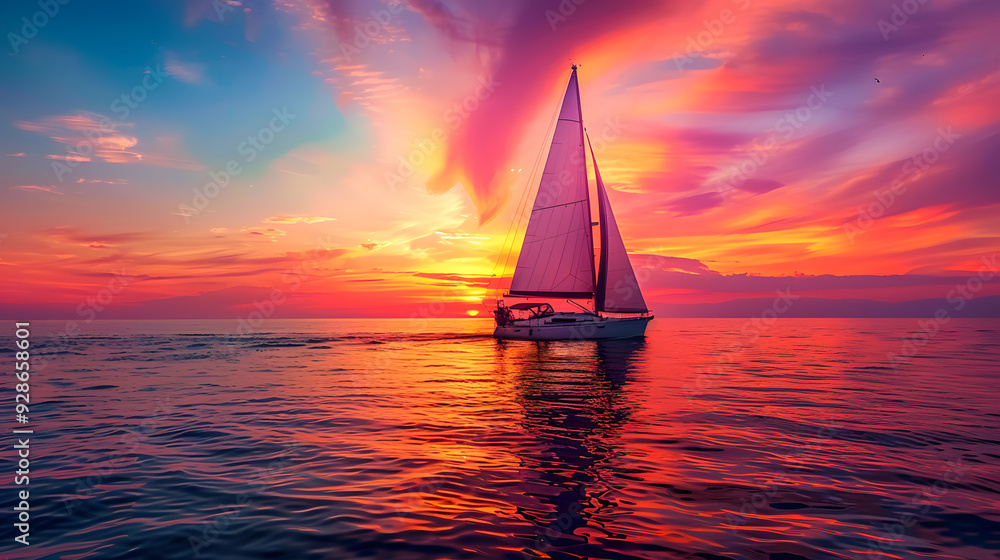 Wall mural A vibrant sunset over the ocean, with the sky ablaze in shades of red, orange, and pink, and the silhouette of a sailboat on the horizon.