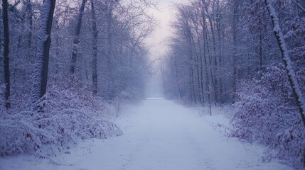 Obraz premium A serene winter landscape with a snow-covered path surrounded by trees.
