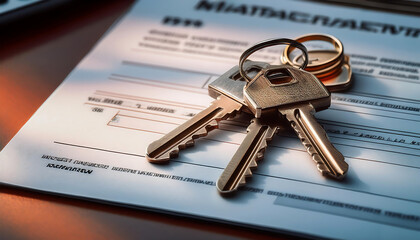 house keys keyring placed atop mortgage application representing real estate transactions home purchases