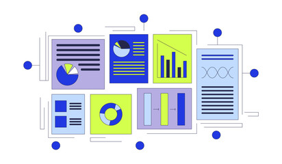 Company accounting documents 2D cartoon object. Marketing statistics isolated flat vector element white background. Job performance. Financial profit graphs pie charts color spot illustration