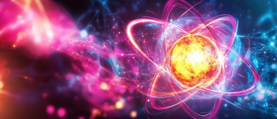Obraz premium Energetic depiction of electronnucleus interaction within an atom, vibrant colors illustrating quantum forces, science concept