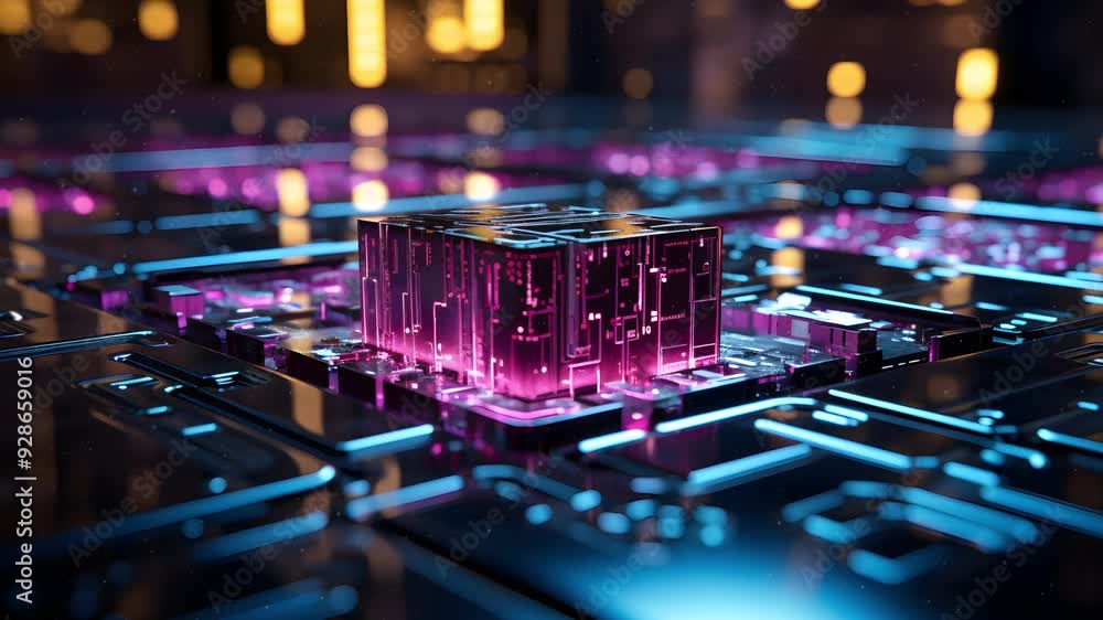 Poster a glowing, futuristic cube sits on a circuit board.