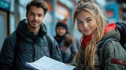 Volunteers, a man and a woman, assist a Ukrainian woman in filling out forms at the asylum center.