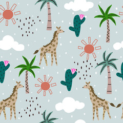 Seamless giraffe pattern with sun, clouds, cactus, coconut trees and black dots. Creative childish jungle texture. for fabric and textiles. Vector illustration