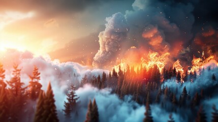 A dramatic illustration of severe weather, showing a wildfire raging through a forest, with smoke billowing into the sky and flames consuming the landscape.