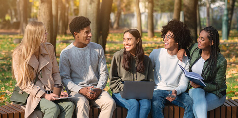 Group of international students discussing new project, sitting in park