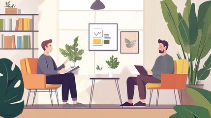 A manager leading a virtual meeting with remote team members displayed on a large screen. A manager conducting a performance review with an employee in a modern office. The scene includes performance 