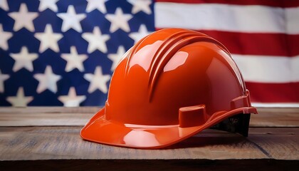 Labor day Layout with American Flag and Hard Hat - Patriotic Focus- A close-up view of an orange hard hat placed on a rustic wooden tabletop. Graphic art illustration lay