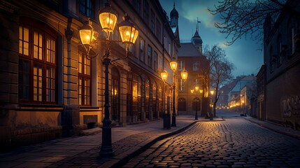 Fototapeta premium Cobblestone street in an old European city at dusk with streetlights glowing.