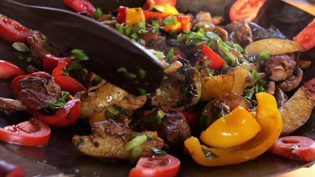 Saj with potatoes, vegetables, and meat on table. Juicy vegetables, crispy potatoes, and tender meat create delicious mix. Scenes highlighting fresh vegetables and hearty meals cooked over fire.