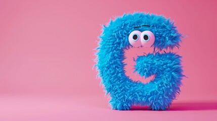 Blue 3D Fluffy Letter G with pink background.