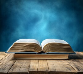 Gateway to Knowledge: An Open Book on a Wooden Desk with a Blue Gradient Background, Symbolizing the Boundless Realm of Learning and Enlightenment.