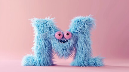 Fototapeta premium Blue 3D Fluffy Letter M with pink background.