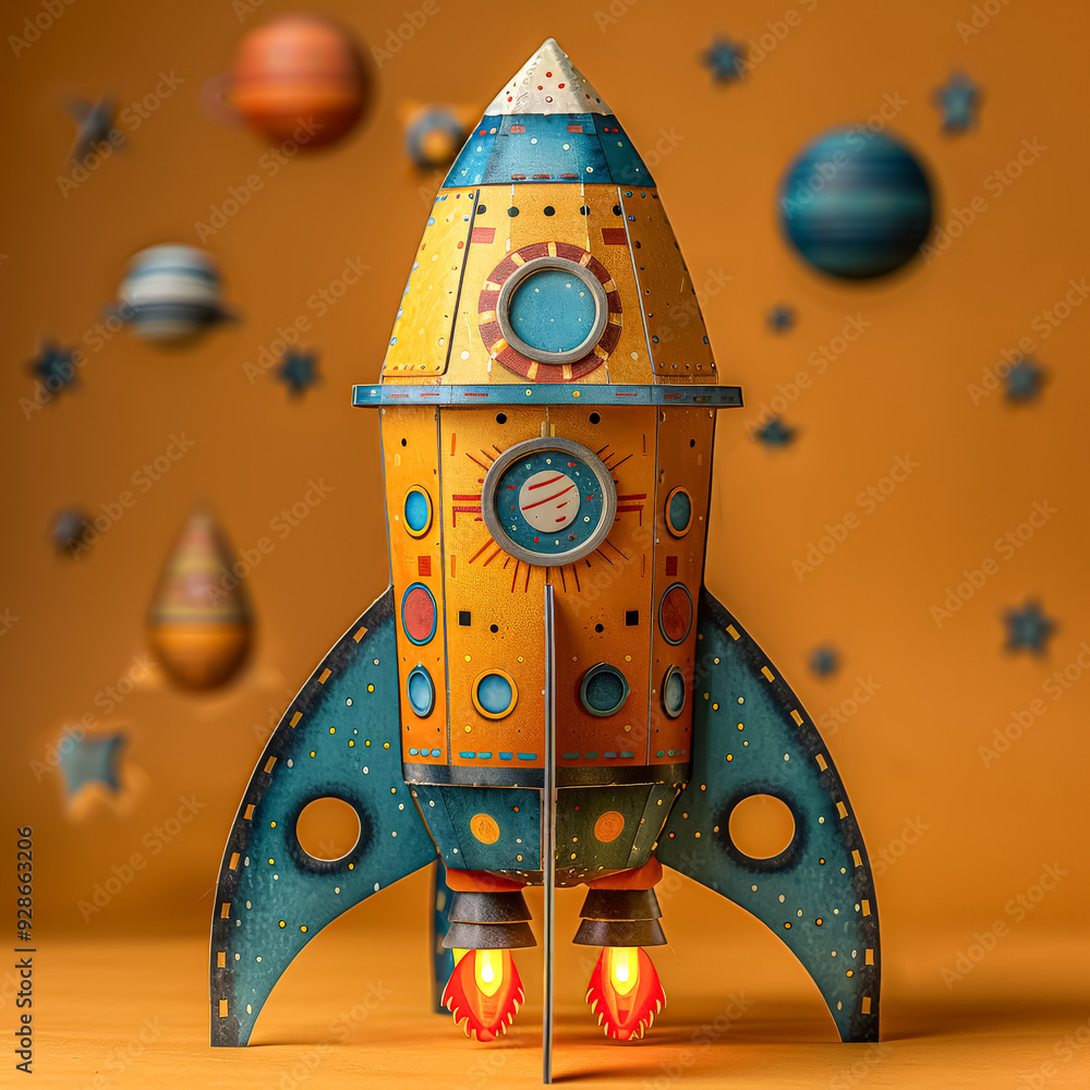 Poster a yellow paper rocket is sitting on a table with a blue background. the rocket is surrounded by vari