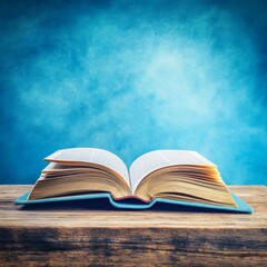 Gateway to Knowledge: An Open Book on a Wooden Desk with a Blue Gradient Background, Symbolizing the Boundless Realm of Learning and Enlightenment.