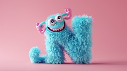 Fototapeta premium Blue 3D Fluffy Letter N with pink background.