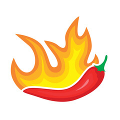 Chili pepper engulfed in flames on a white background