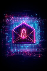 A stylized, neon-lit envelope icon with a prominent lock symbol, surrounded by a digital matrix, representing cutting-edge encrypted email technology.