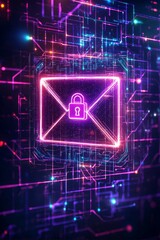 A stylized, neon-lit envelope icon with a prominent lock symbol, surrounded by a digital matrix, representing cutting-edge encrypted email technology.